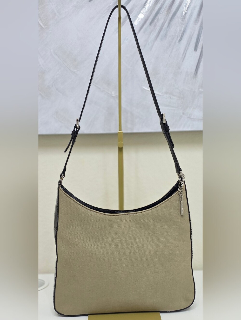 Cole Haan Vintage Canvas Hobo Bag Khaki Croc Embossed Leather Trim